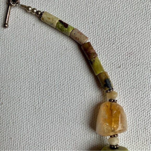 Vintage Chunky Gemstone Necklace Yellow Citrine Crystals Green Serpentine 24" - Picture 8 of 13